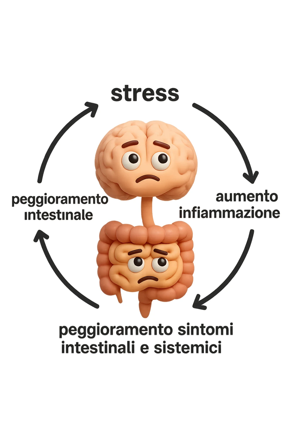 EMOJI STILE IPHONE 3D DI un cerchio con queste scritte che girano intorno "stress → peggioramento intestinale → aumento infiammazione → peggioramento sintomi intestinali e sistemici." al centro del cerchio metti un cervello e intestino umani collegati verticalmente con espressione dubbiosa in volto, FALLO MOLTO REALISTICO IN 3D sticker
