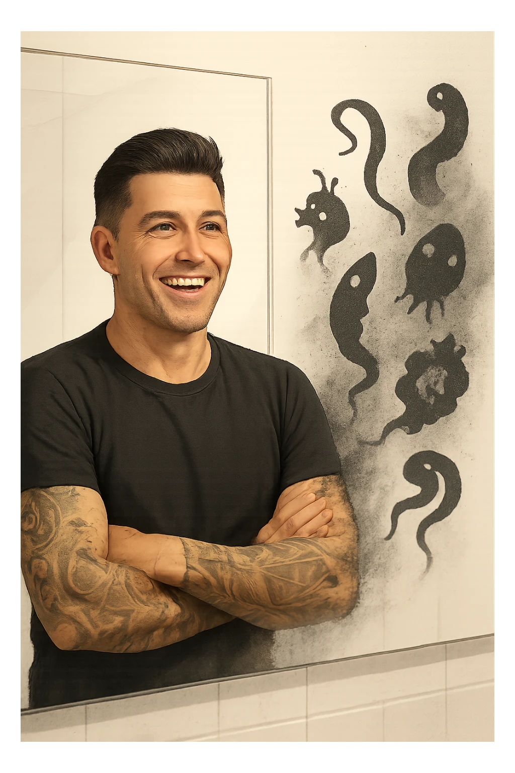 a man stands in a brightly lit bathroom, looking relieved and revitalized as he examines his reflection in the mirror. In the foreground, stylized, shadowy images of parasites (such as worms or protozoa) are shown leaving his body, dissolving into mist or fading away. His posture is upright and his expression is one of newfound energy and health. sticker