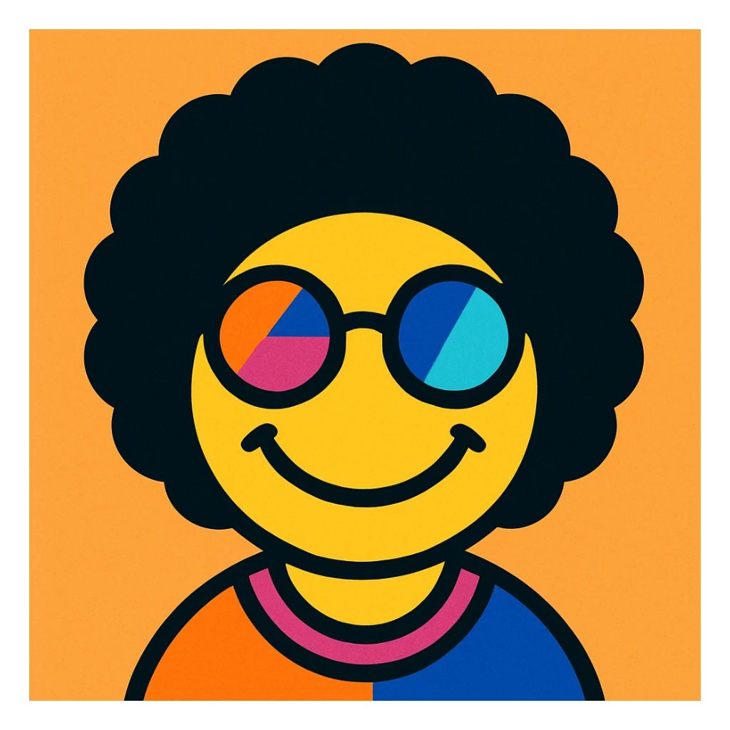smiley face with an afro, wearing round sunglasses, hippie style sticker