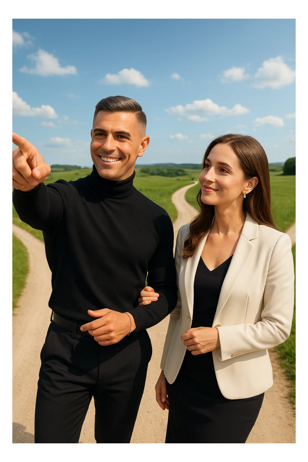 a man stands confidently at a crossroads, pointing toward a clear path ahead. Beside him, a woman looks at him con fiducia e serenità, pronta a seguirlo. Entrambi sono ben vestiti e sorridenti, immersi in un paesaggio luminoso che simboleggia nuove opportunità e un viaggio condiviso. sticker