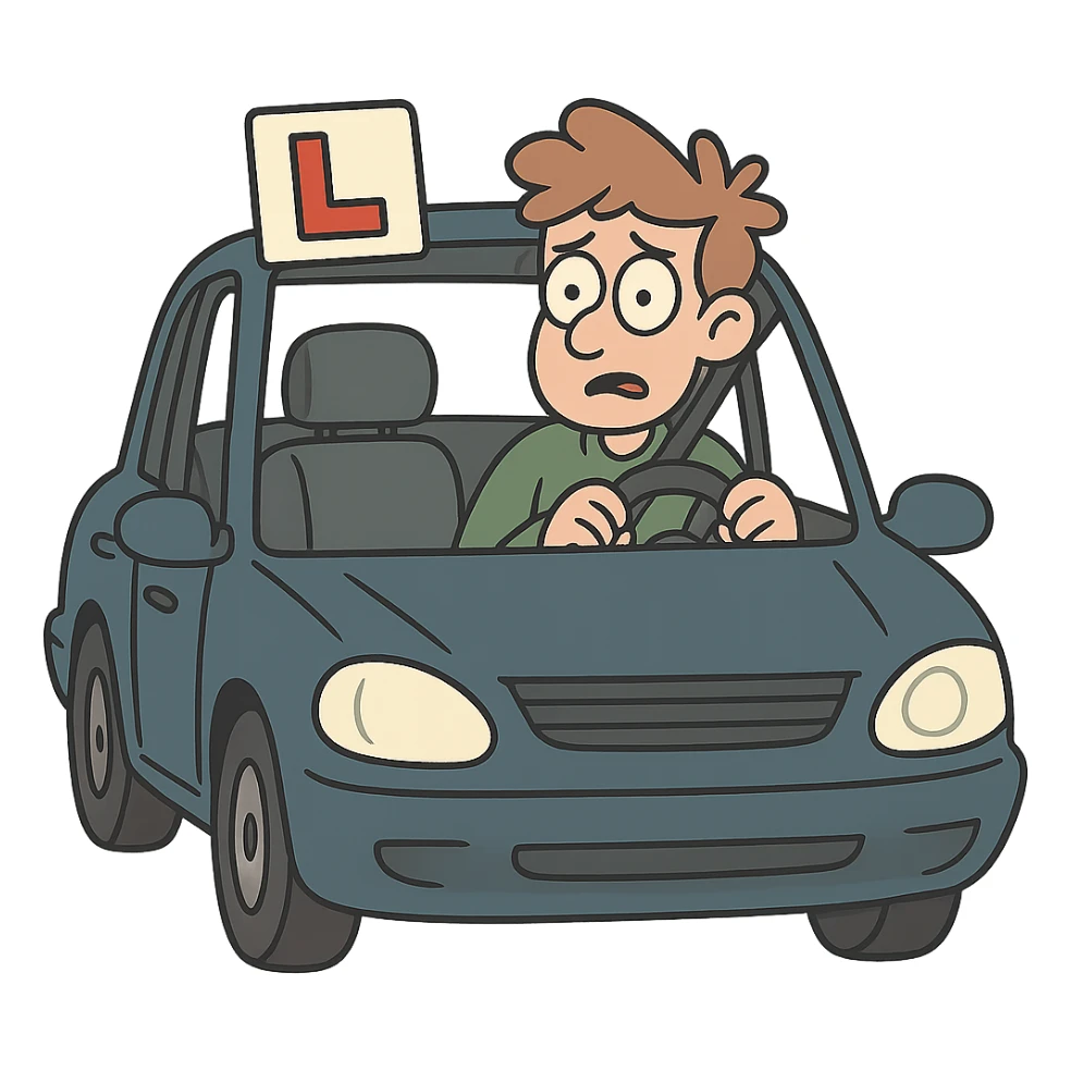 learner driver in a car with L-plate on windshield, cartoon style sticker