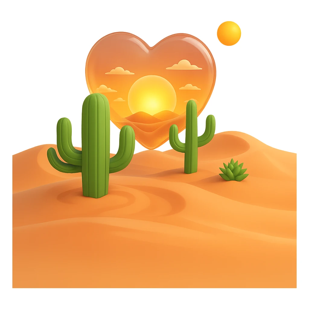 Add a sunset sky with orange and pink tones inside the heart, above the desert, maintaining the glassy transparent effect and no background. sticker