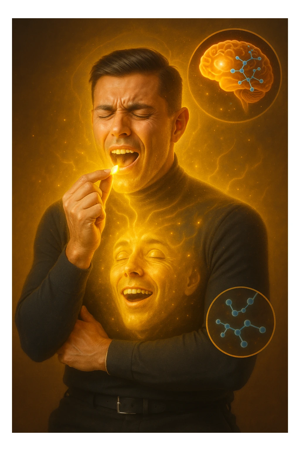 "Man taking simple sugar tablet believing it's powerful medicine, golden healing light emanating from pill as it dissolves, his chronic pain visibly dissolving as relief spreads across his face, expression transforming from suffering to amazement, brain chemistry changing through pure belief, microscopic view showing endorphins releasing purely from expectation, body healing itself through mind's conviction" sticker
