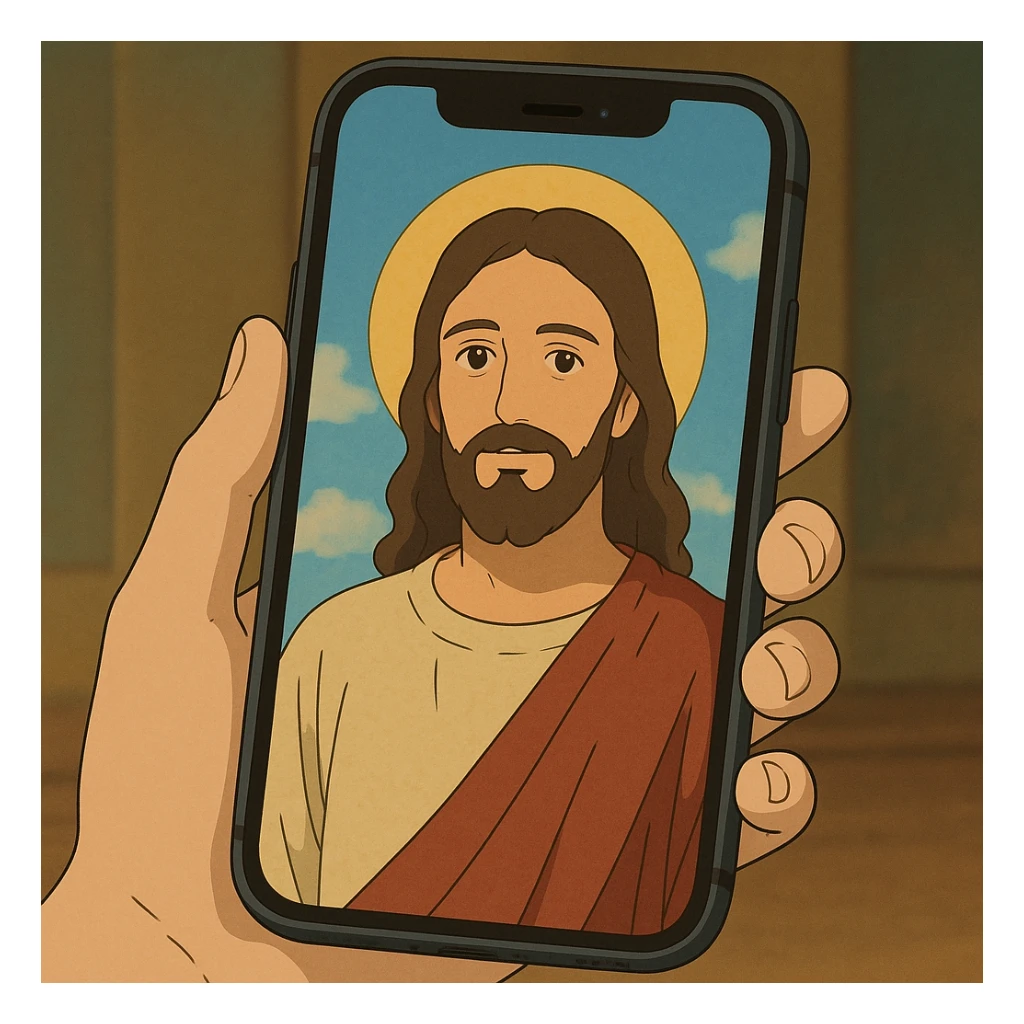 an iPhone with a Ghibli-style Jesus as the wallpaper sticker