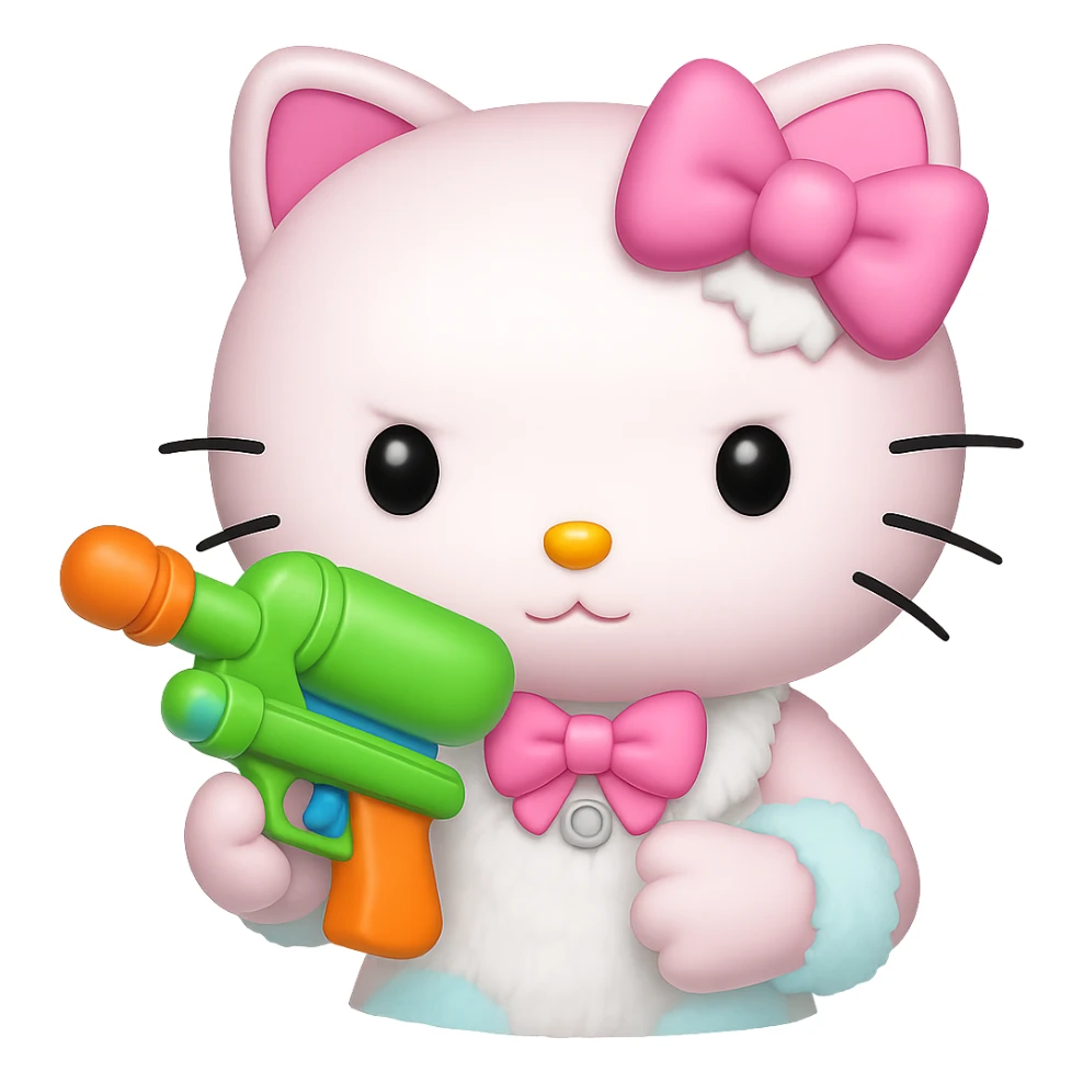 Change the handgun to a playful water gun, keep the Hello Kitty character in emoji style, no background. sticker