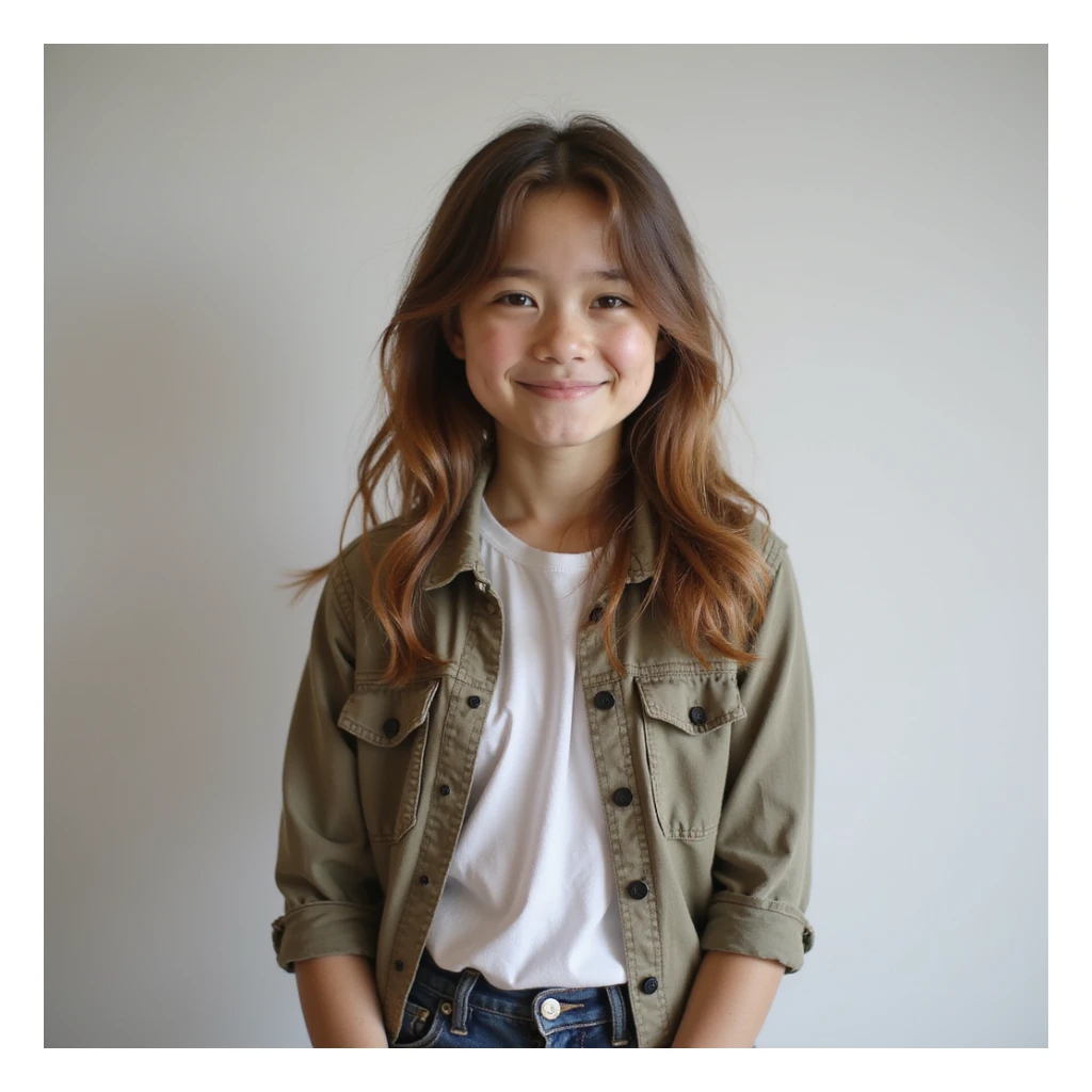 realistic portrait of an 18 year old young person with brown hair, friendly expression, casual clothing, neutral background sticker