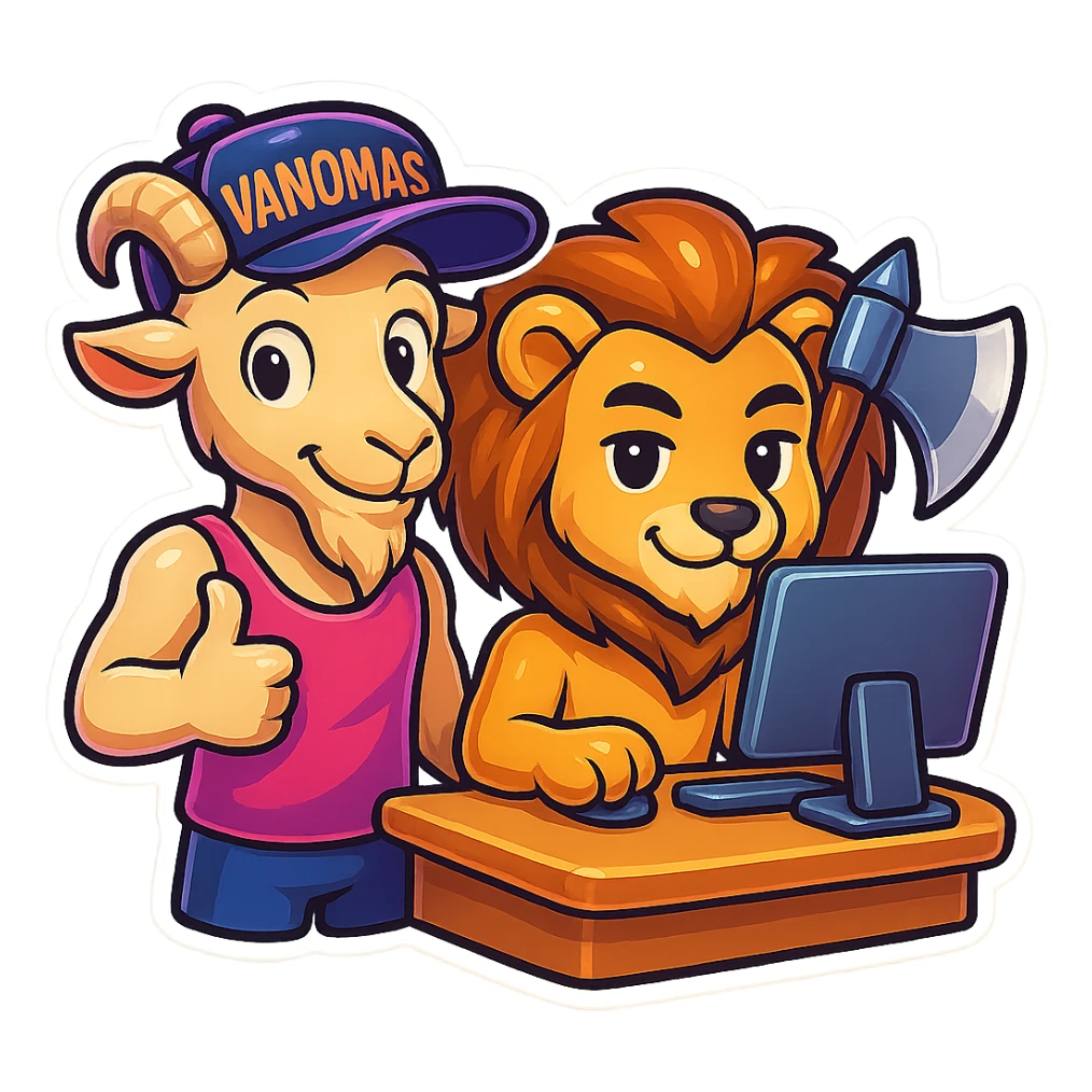Add a humanoid goat character next to the existing subject, wearing a pink tank top and a cap with the inscription 'VANOMAS', in the style of a Telegram sticker, maintaining transparent background. sticker