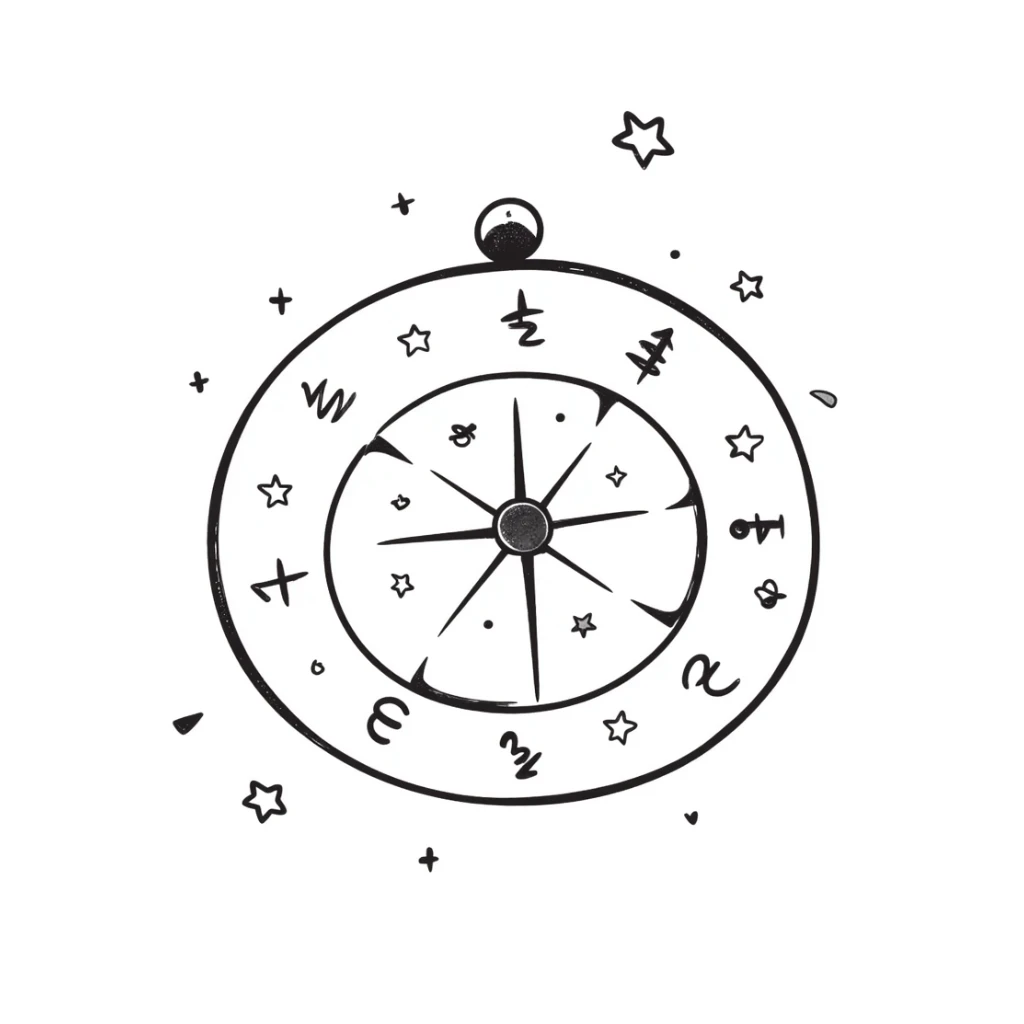 astrology wheel with stars, celestial vibe, hand-drawn doodle style sticker