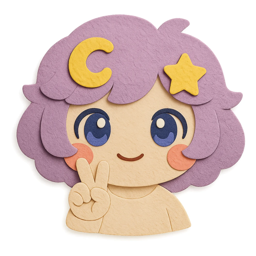 Create a super cute, soft, and adorable paper craft style headshot of Stella Puff (星星噗噗) with the exact same hair color, hair shape, yellow star swirl, and all hairstyle features. The character is making a peace sign with her hand near her face, has big sparkling blue-violet eyes, coral pink blush, and a soft kawaii expression. Use clean lines and transparent background. sticker