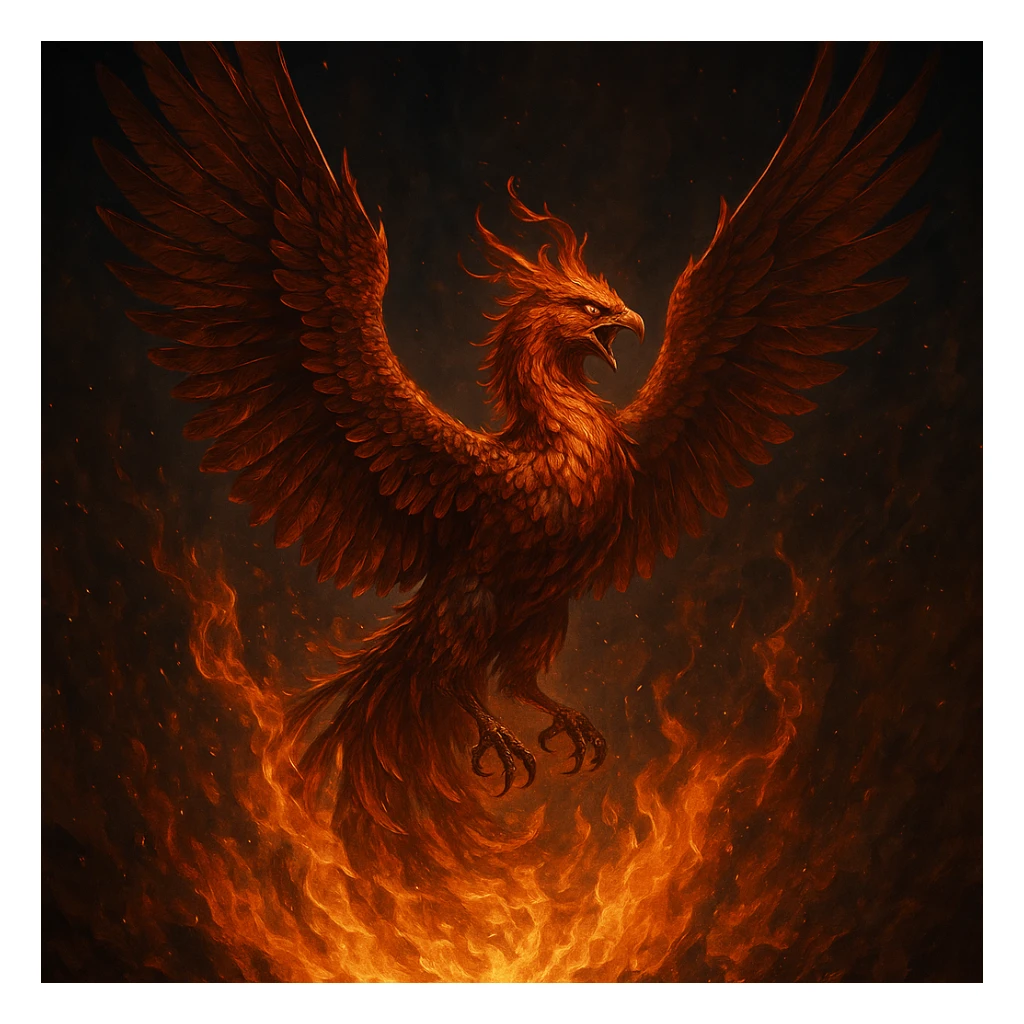 a fierce phoenix rising from flames, dramatic lighting, detailed plumage sticker