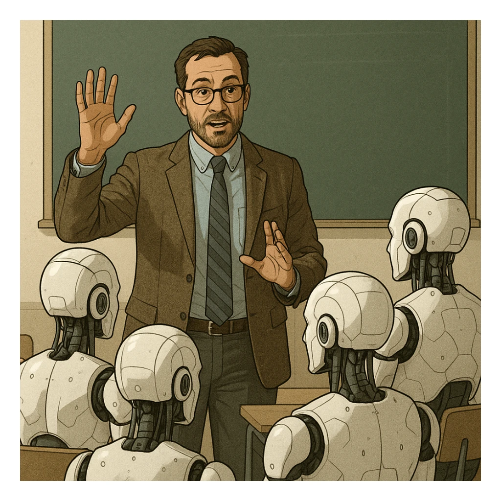 A human teacher standing in front of a classroom of androids, raising a hand to explain a concept sticker
