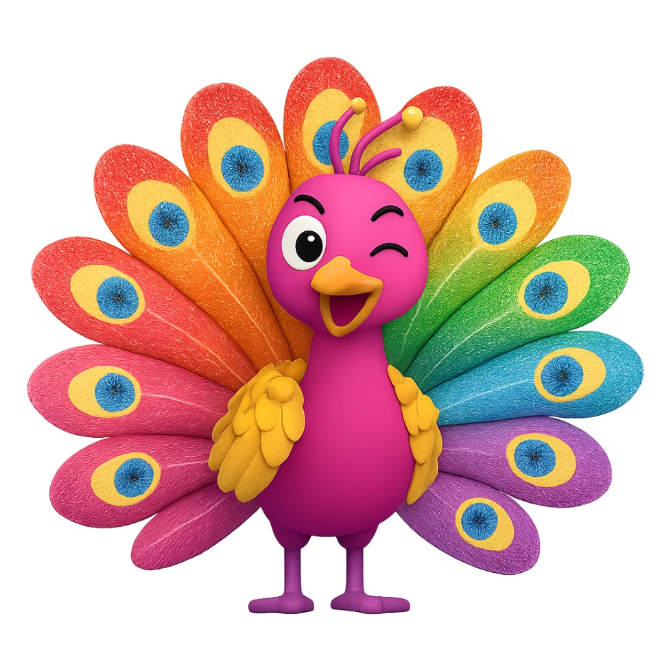 Make the proud peacock funny and flamboyantly gay, featuring rainbow feathers, glitter, and a cheeky wink, in the style of 3D emoji with no background. sticker