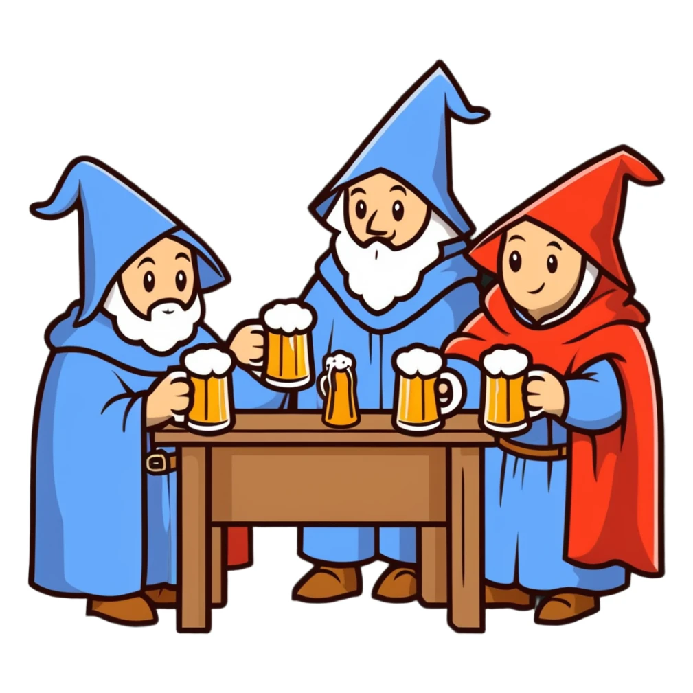 medieval pilgrims with cloaks drinking beer at a tavern sticker