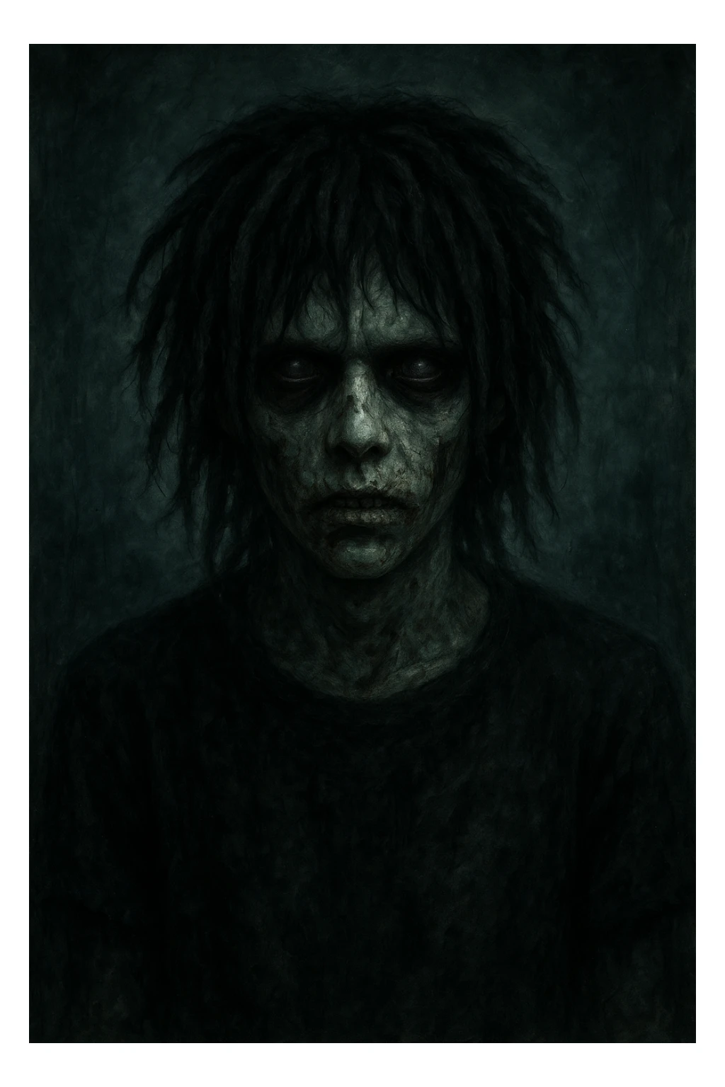 spooky zombie boy with black medium-long dreads, emo and shaggy style, dark and creepy expression sticker