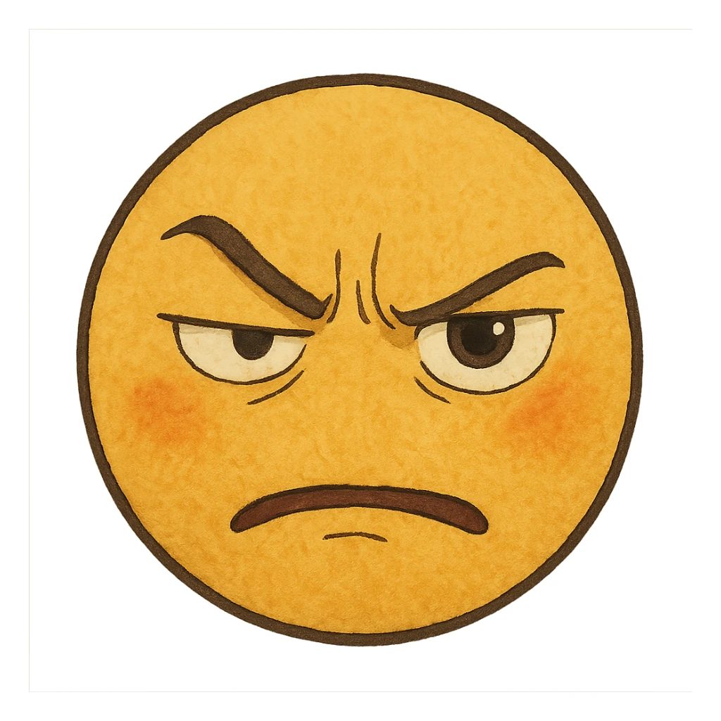 ghibli style yellow face with one eye half-closed and the other open, angry expression sticker