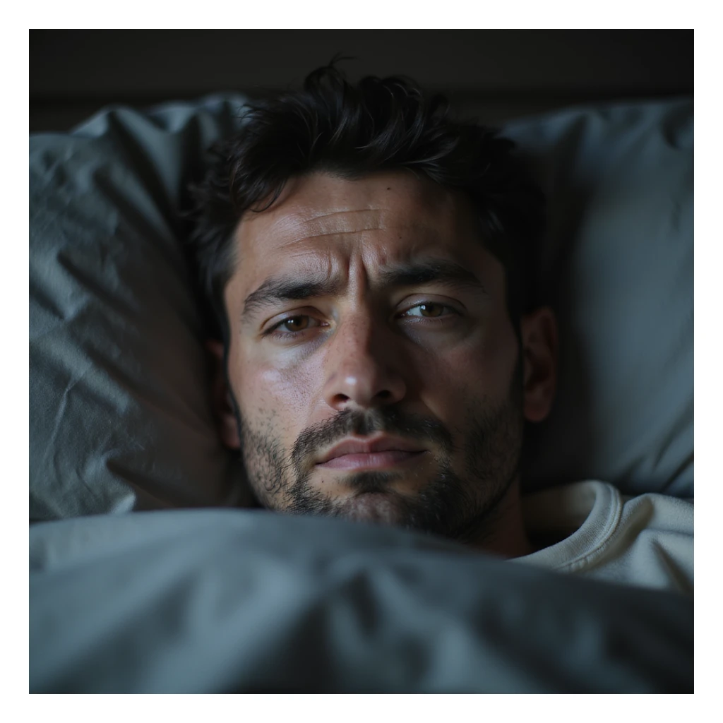 close-up hyperrealistic 4K image of a man with tired face, swollen eyes and dark circles, lying in bed, stressed expression, cold morning light sticker