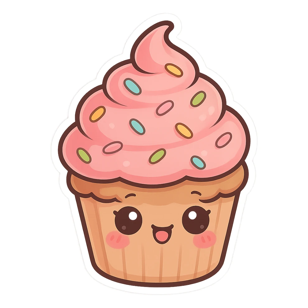 chibi sticker-style cupcake with pink frosting and sprinkles, girly, cute and exaggerated sticker