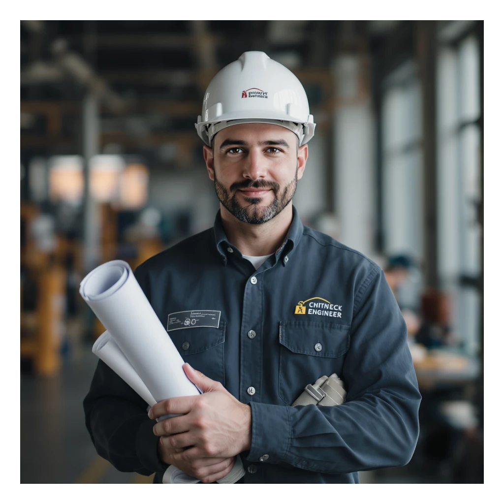 portrait of a professional engineer wearing a helmet and holding blueprints, simple background sticker