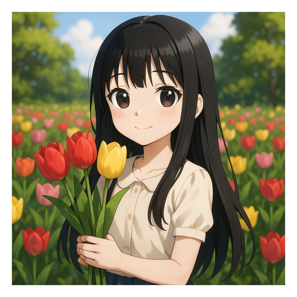 3D anime style girl with long black hair and thin bangs, holding tulips in a garden sticker