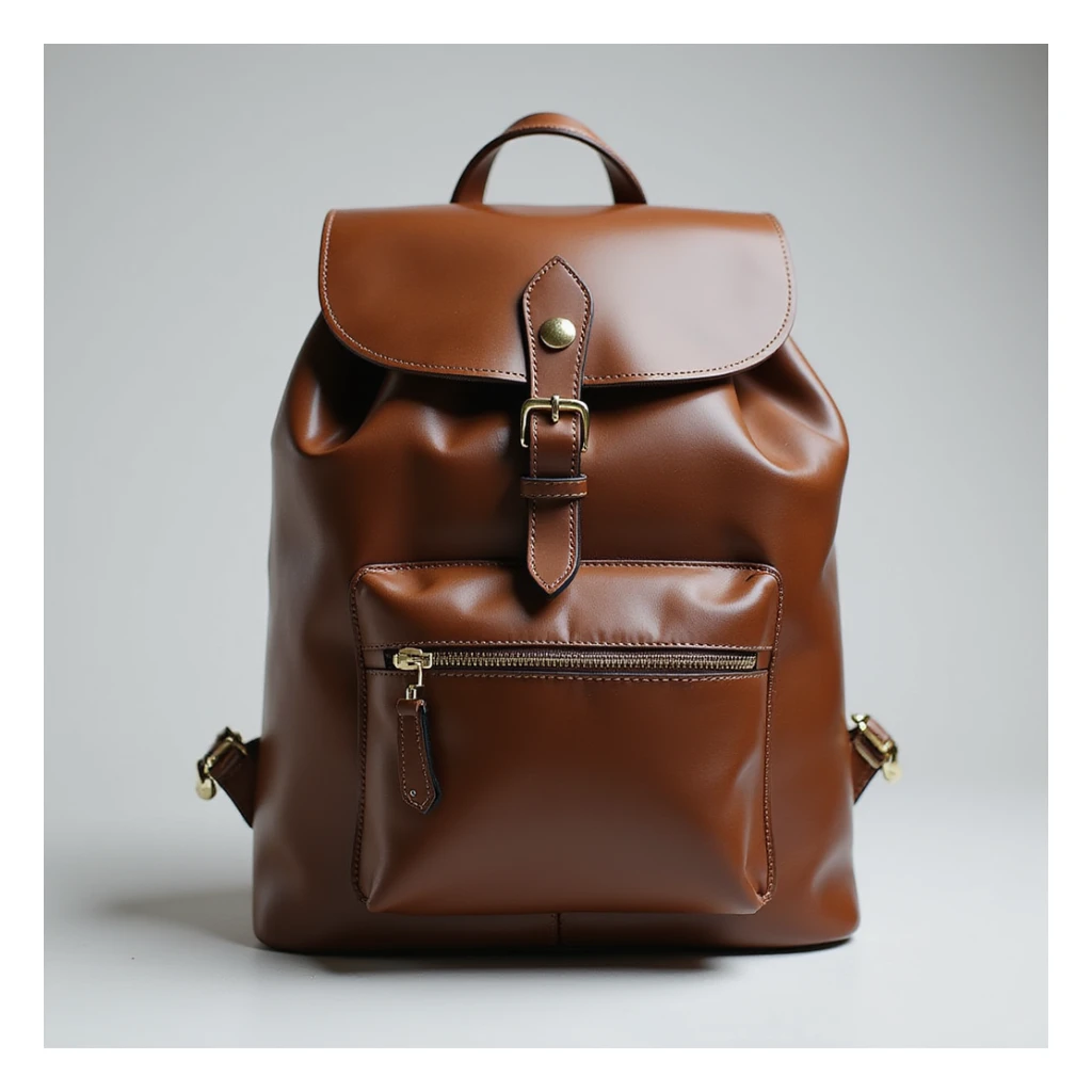 realistic leather backpack, photorealistic style, brown color, stylish sticker