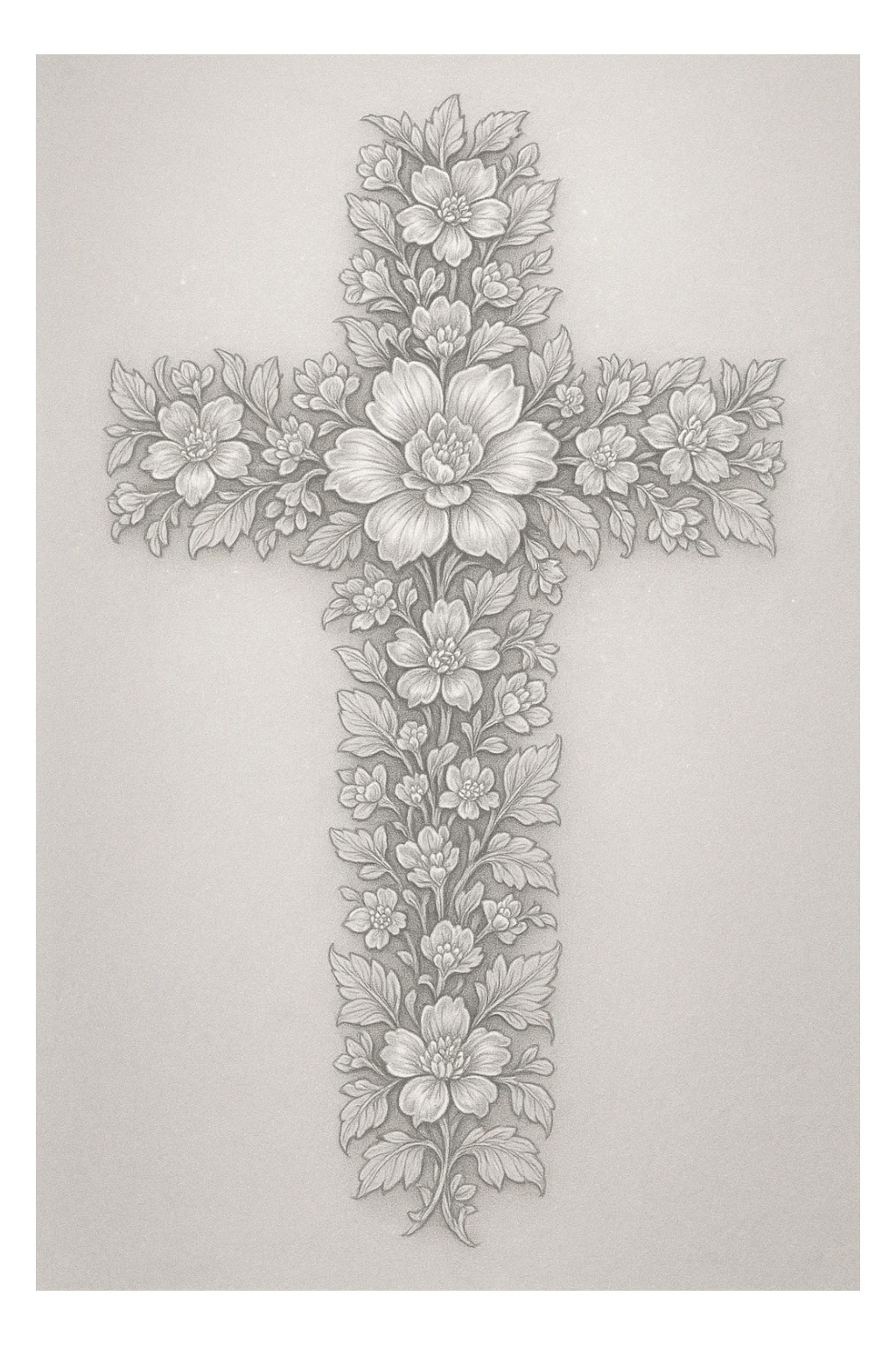 a bright grey flower cross, elaborate design, shimmering highlights, intricate flowers sticker