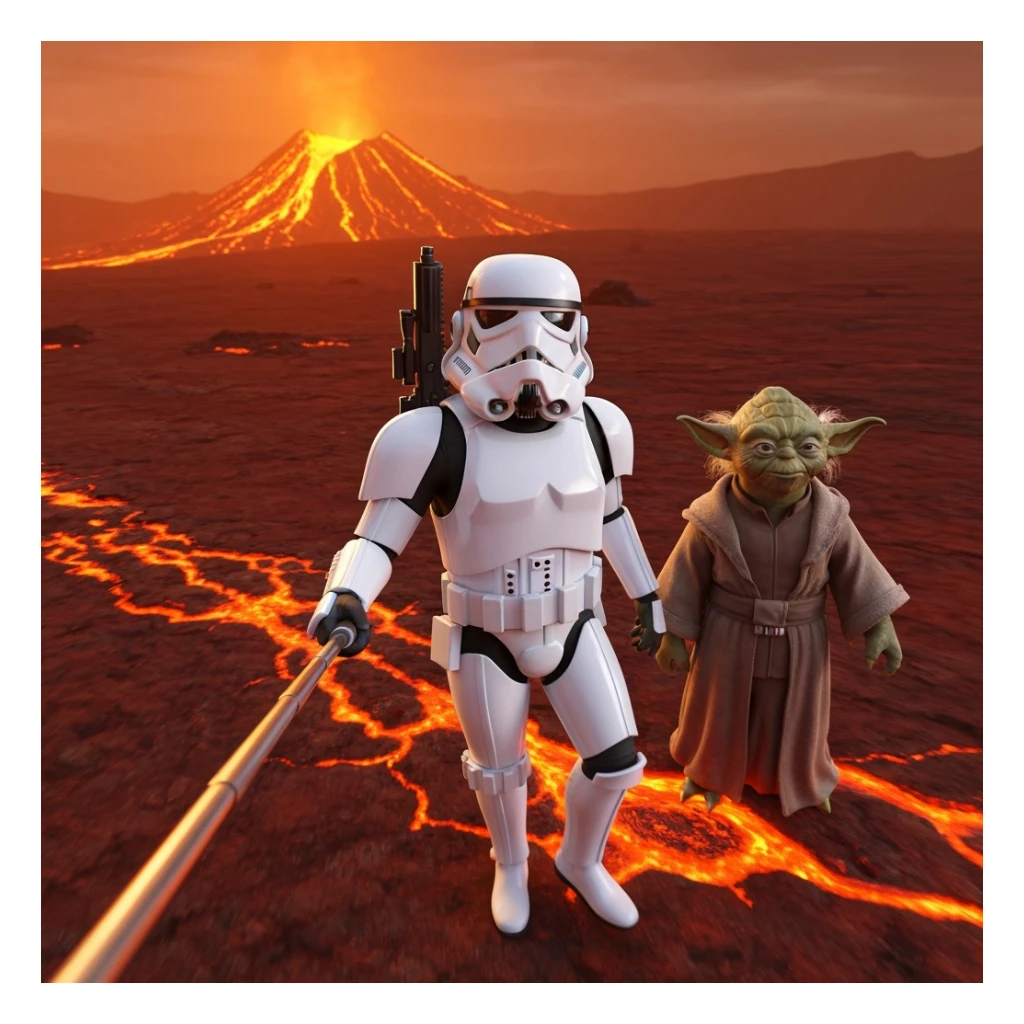 Camera POV, Starwars stormtroopers vlogging selfie, he is walking on lava planet with yoda sticker