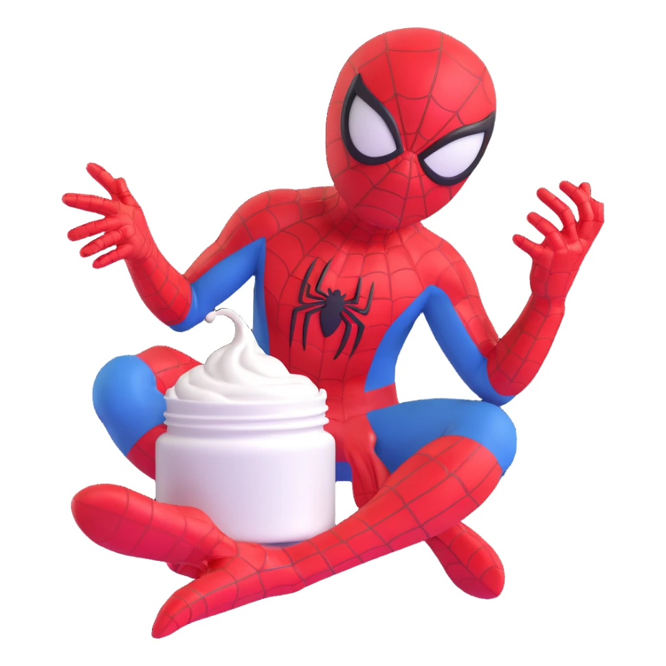 Spiderman doing his skin care routine, applying cream, playful and lighthearted sticker