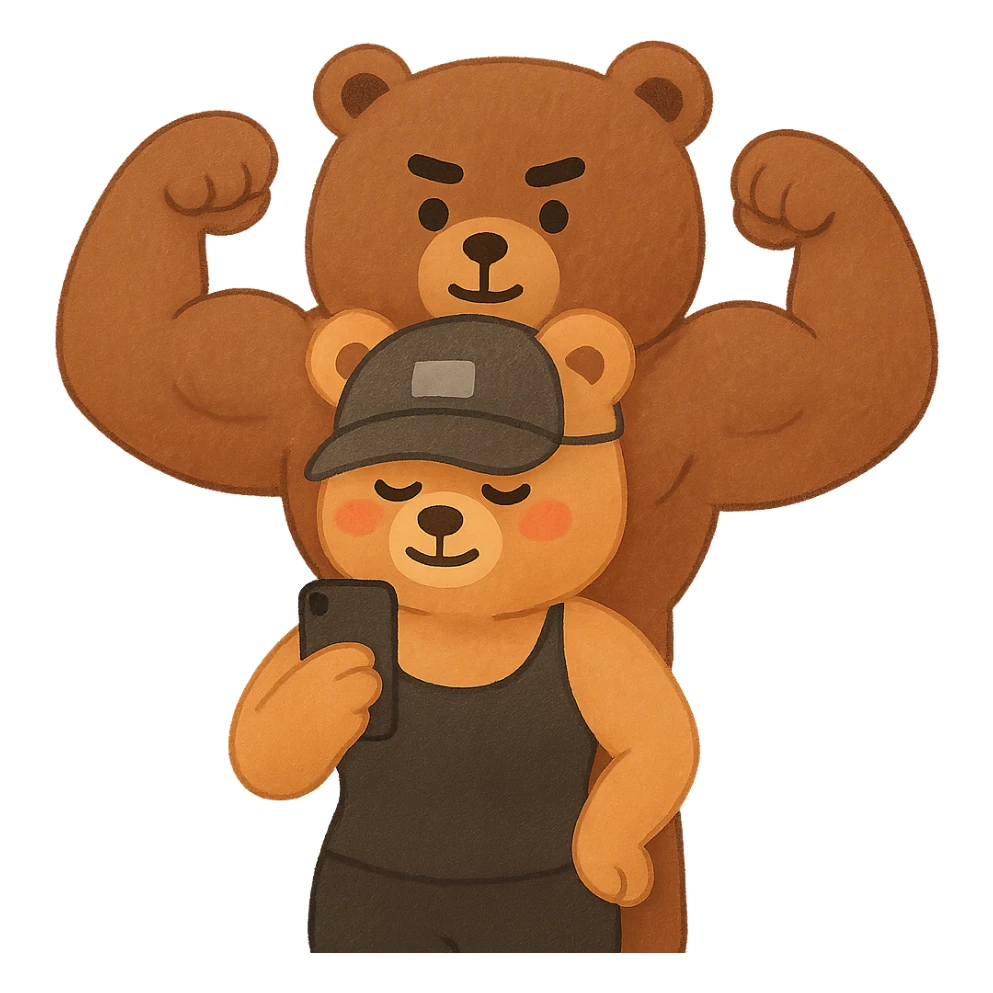 Create an affectionate and cute illustration of two muscle bears inspired by the reference photo. One bear in front with a female shape and the other behind with a male shape doing a double biceps pose. The style should resemble apple emoji style. Remove the background. sticker
