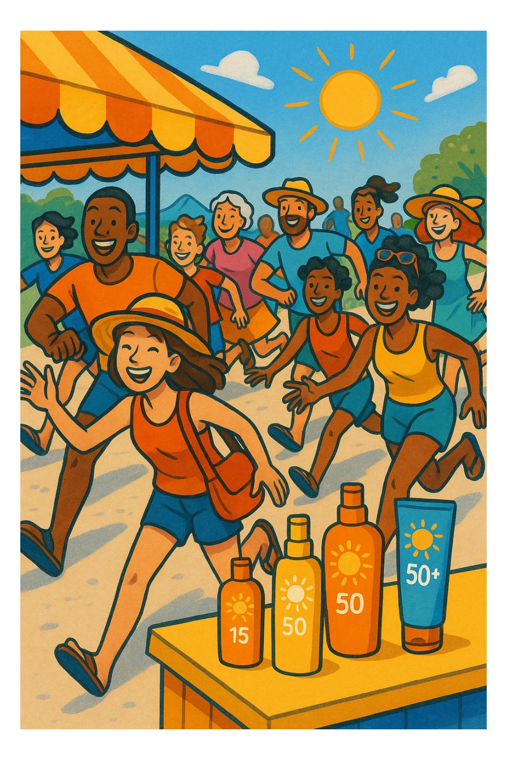 tante persone che corrono a comprare le creme solari sticker