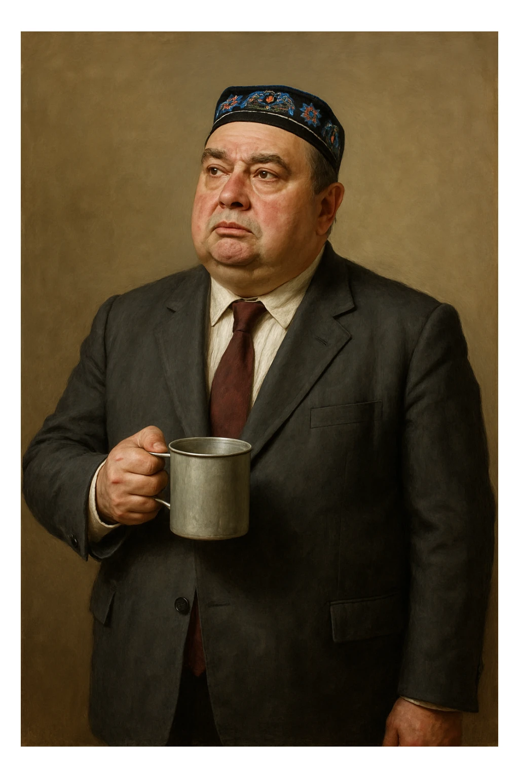 Сгенерируй мне с кружкой толстого чиновника в пиджаке и узбекской тюбитейке, он стоит как будто ждет что в кружку что то нальют, в стиле реалистичной живописи на однородном фоне. Кружка металическая советская. Он должен не обрезаться краями изображения и полностью помещаться в экран.  sticker