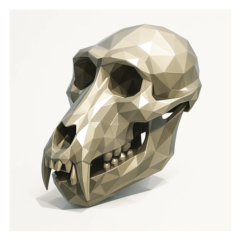 polygonal style baboon skull, realistic, shiny, on white background sticker