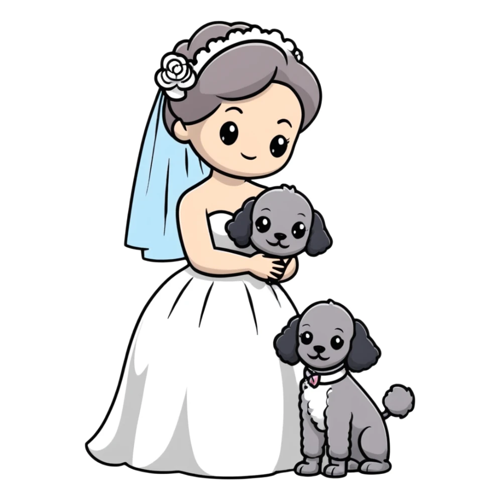 beautiful girl in a wedding dress hugging a small gray poodle sticker