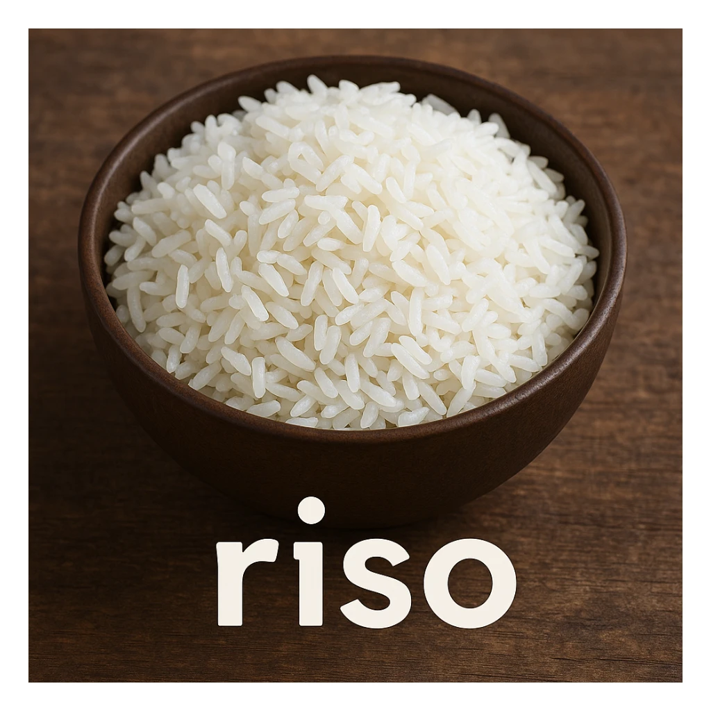 photo realistic bowl full of cooked rice with separate and fluffy grains with the word 'riso' in Italian on the image sticker