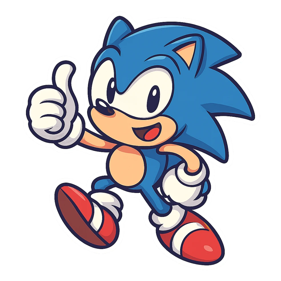 Sonic the Hedgehog, classic blue cartoon character, energetic pose, vibrant colors, emoji or icon style sticker