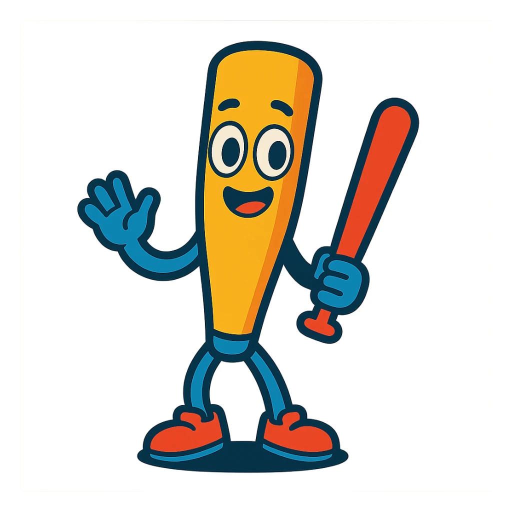 cute baseball bat with eyes, legs, and one hand holding a bat, friendly and approachable style sticker