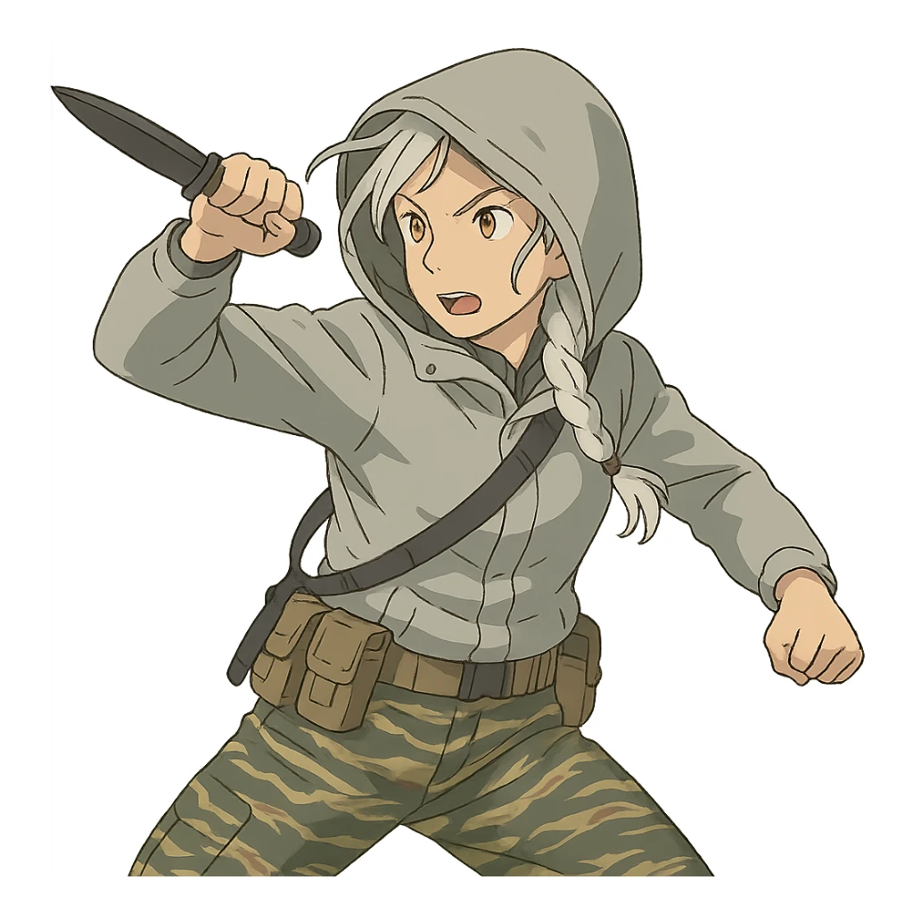 1 female, mid-20's  white hair long braid, gold yellow eyes, light gray rainproof waterproof tactical jacket, hood up, tight-fitting single point sling, tan mag pouches on belt rig, tiger stripe camo pants, holding a combat blade, striking, swinging sticker