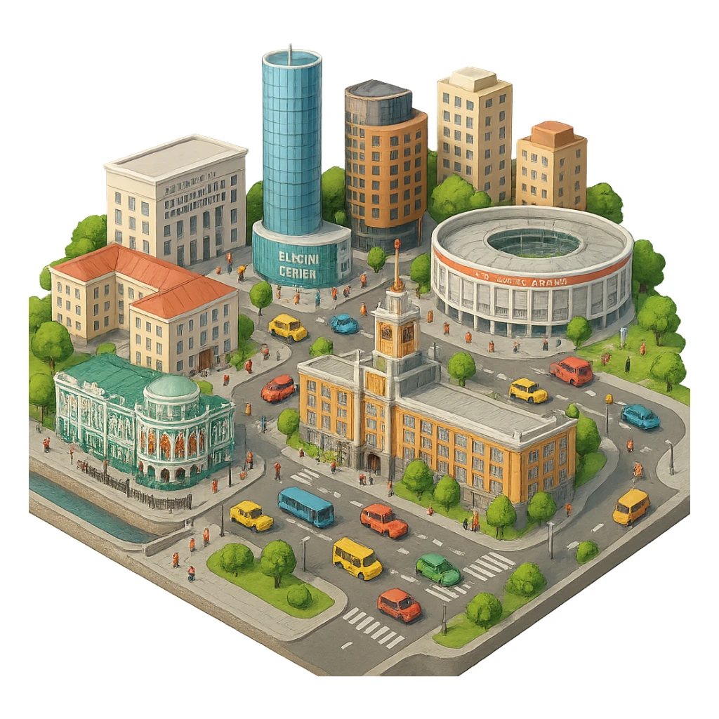 Изометричная миниатюрная фотореалистичная 3D модель Екатеринбурга - Дом Севастьянова, Ельцин-центр, Уральский федеральный университет, дома, Екатеринбург Арена, Медный дом, Здание Свердловского городского совета народных депутатов четкая детализация, яркие цвета, мультяшный реализм, люди, автотранспорт, компактная композиция, вид сверху в изометрии, прозрачный фон sticker