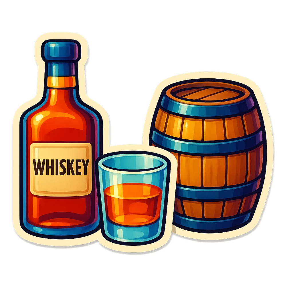 A whiskey tasting set including a bottle, glass, and barrel, with a cohesive vintage design sticker