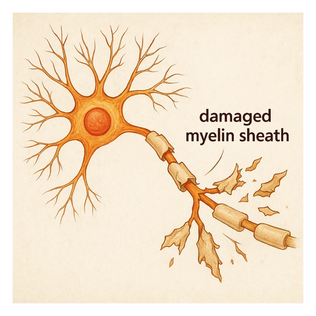 neuron showing damaged and fraying myelin sheath, clear breakdown, medical illustration style sticker