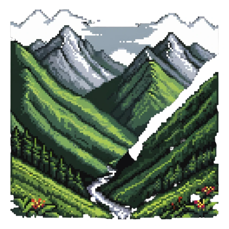 Scenic mountain valley with peaks and lush valleys sticker