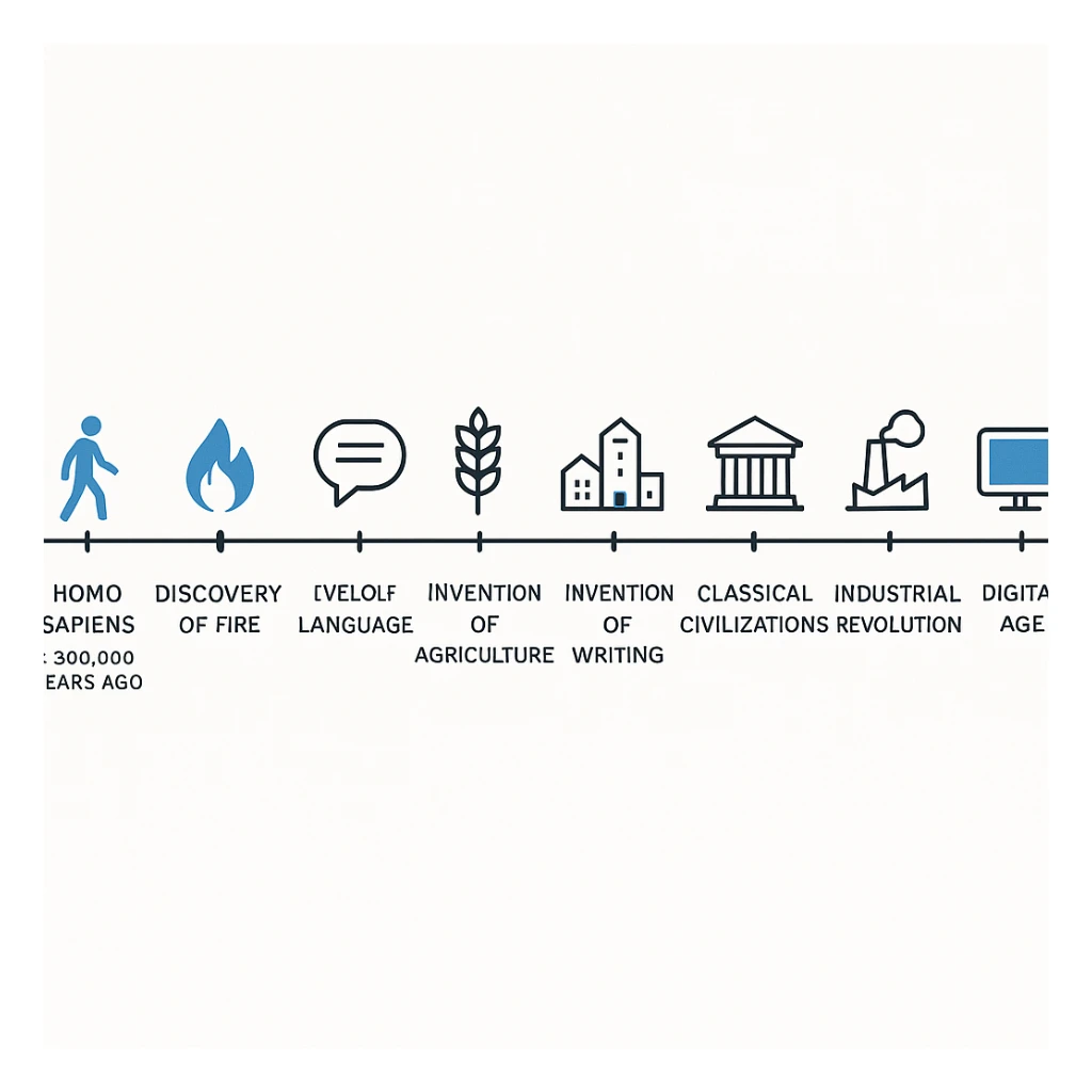 Minimalist horizontal timeline infographic of human existence from Homo sapiens (~300,000 years ago) to present, featuring major milestones: emergence of Homo sapiens, discovery of fire, development of language, invention of agriculture, rise of first cities, invention of writing, classical civilizations, industrial revolution, moon landing, digital age. Each milestone represented by a simple flat icon, monochrome with blue accent, modern sans-serif labels, clean spacing, clean and modern design. sticker