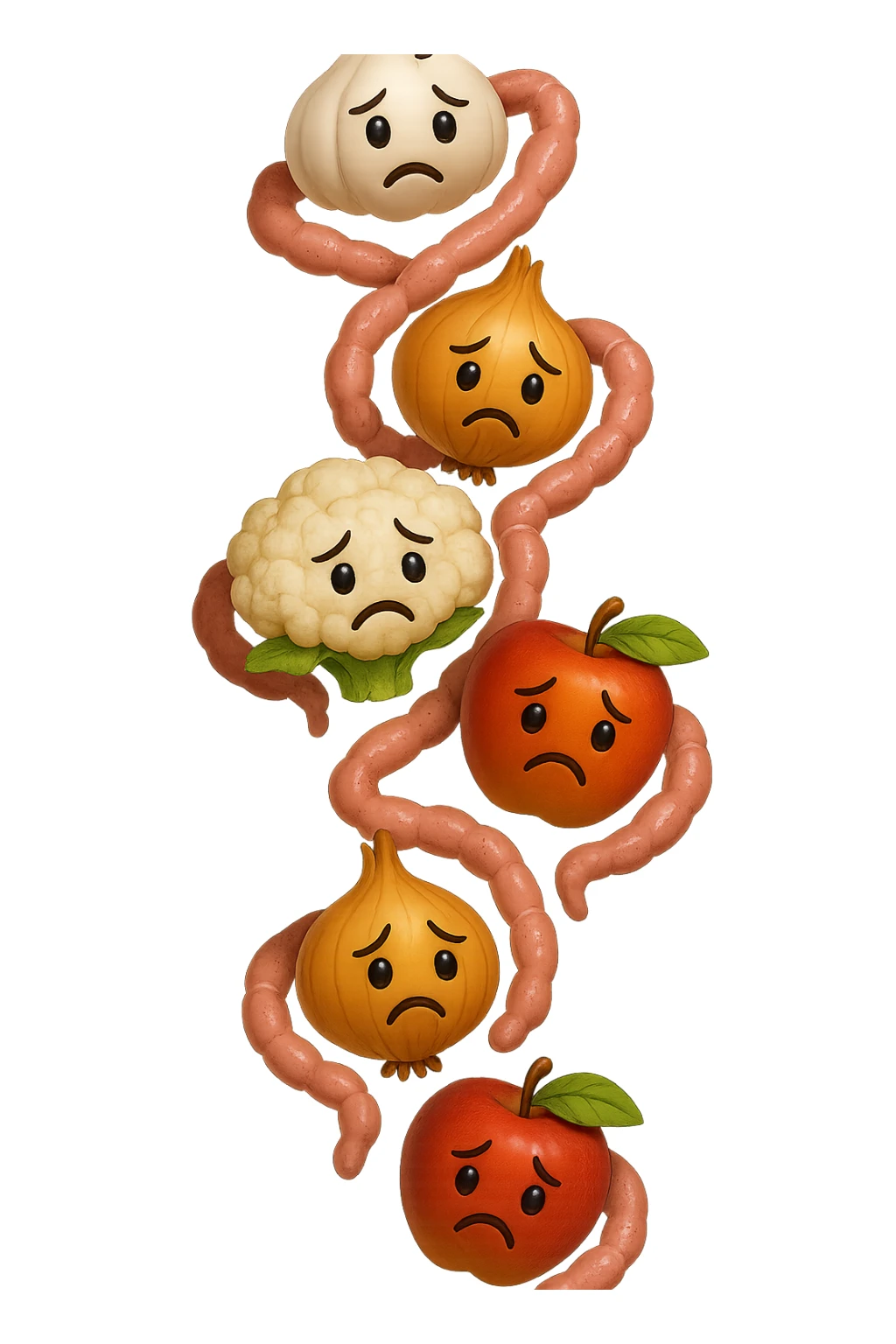 EMOJI STILE IPHONE DI aglio, cipolle, cavolfiore e mele che cadono verticalmente dall'alto con espressione triste con pezzi di colon avvolti intorno, IPERREALISTICO 4K sticker