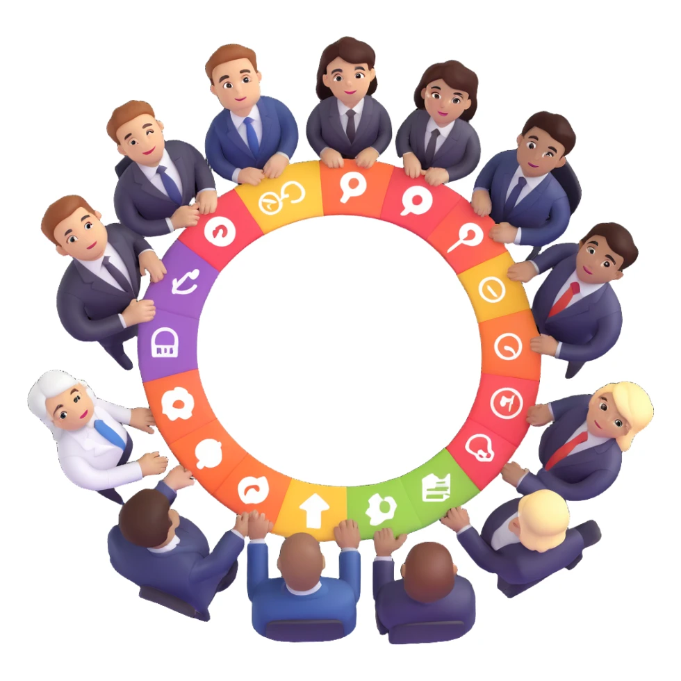 diverse business managers forming a circle with digital icons above them sticker