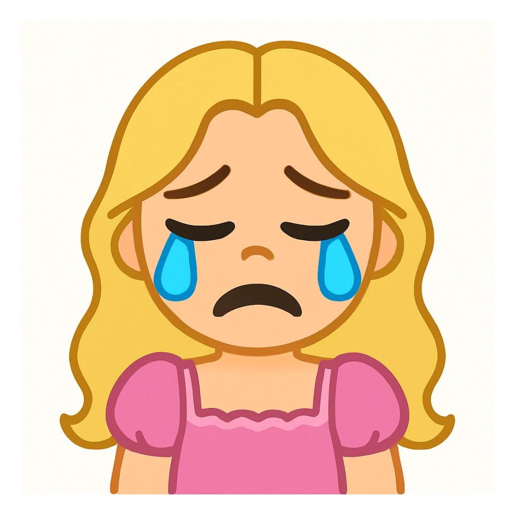 Create an edited version of the reference image in the style of apple emojis. The character should have blonde long hair, green swamp eyes, and wear a pink pastel dress. Change the expression to a crying expression while keeping all facial features, clothes, and hairstyle from the reference. sticker