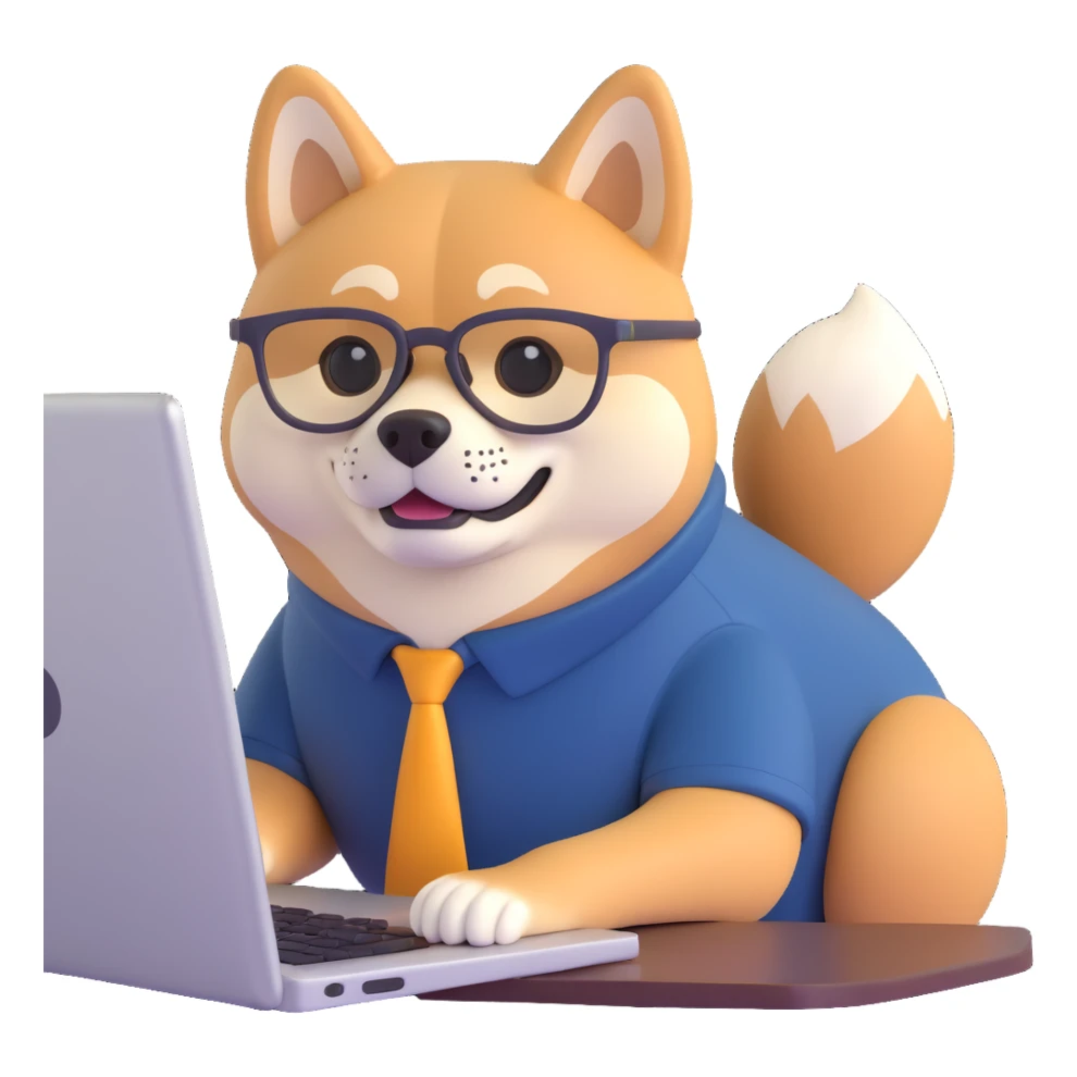 shiba inu with eye glasses and computer sticker