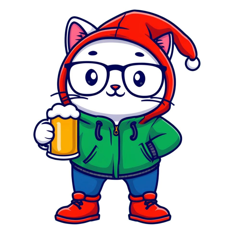 Catfish wearing a red hooded winter jacket, round glasses, blue jeans, red boots, holding a beer can with red label sticker