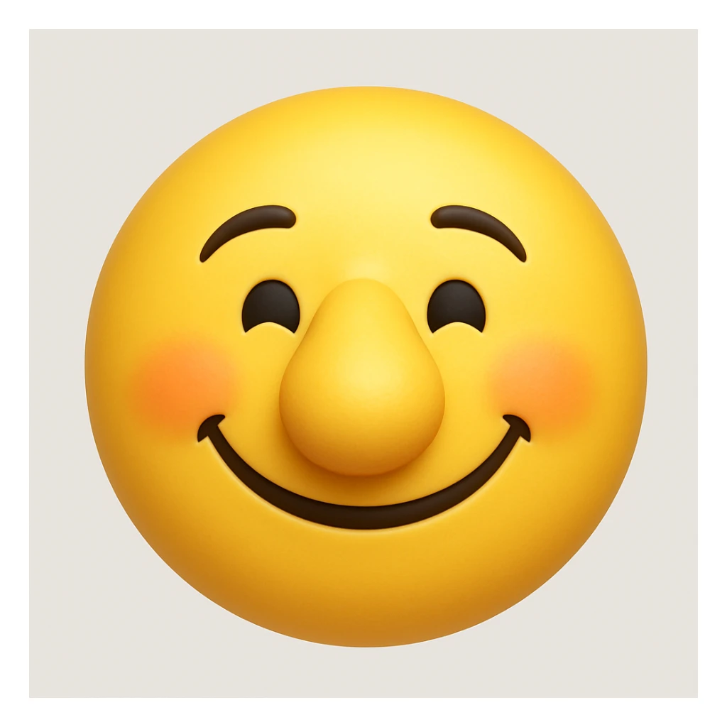 Create a yellow smiley face emoji with a large nose and the same facial expression as the reference image. The style should be 3D iOS emoji style, capturing the exact look and feel of the original emoji. Add a slight blush to the cheeks. sticker