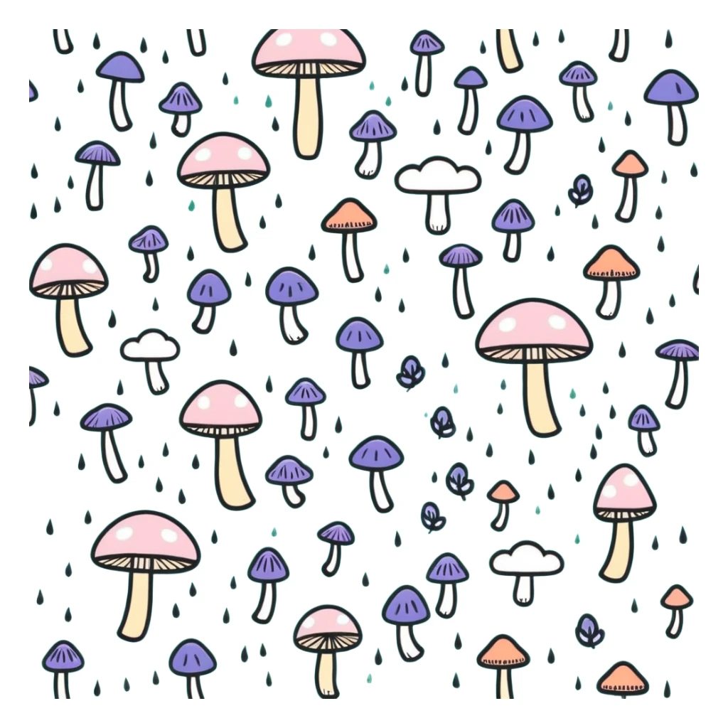 cloud raining tiny leaves and mushrooms, whimsical rain, pastel tones, cartoonish sticker style sticker