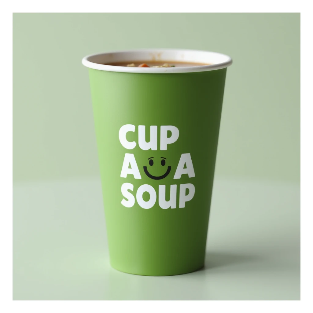 photorealistic green cup with the Cup A Soup logo, clear branding, simple background sticker
