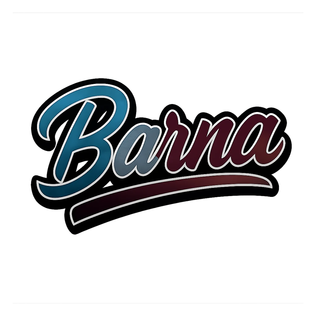 Text image of the name 'Barna' in a modern, dynamic font with masculine gradient colors including blue, green, gray, dark burgundy, brown, and dark blue shades. The text has a thin white outline, a dark outer contour, and an underline. The style is inspired by the Péter sample image. Size 1000x1000 px, PNG format, transparent background. sticker